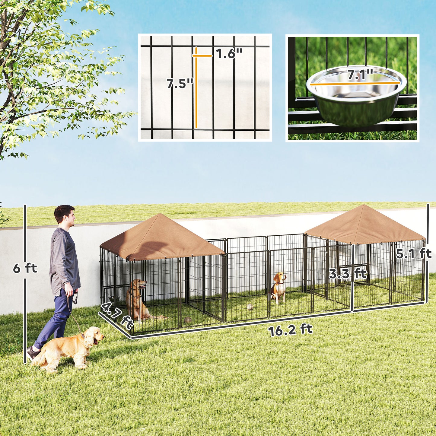 Large Outdoor Dog Kennel With 2 Rooms, Rotating & Adjustable Height Bowls, Waterproof & UV-Resistant Canopy