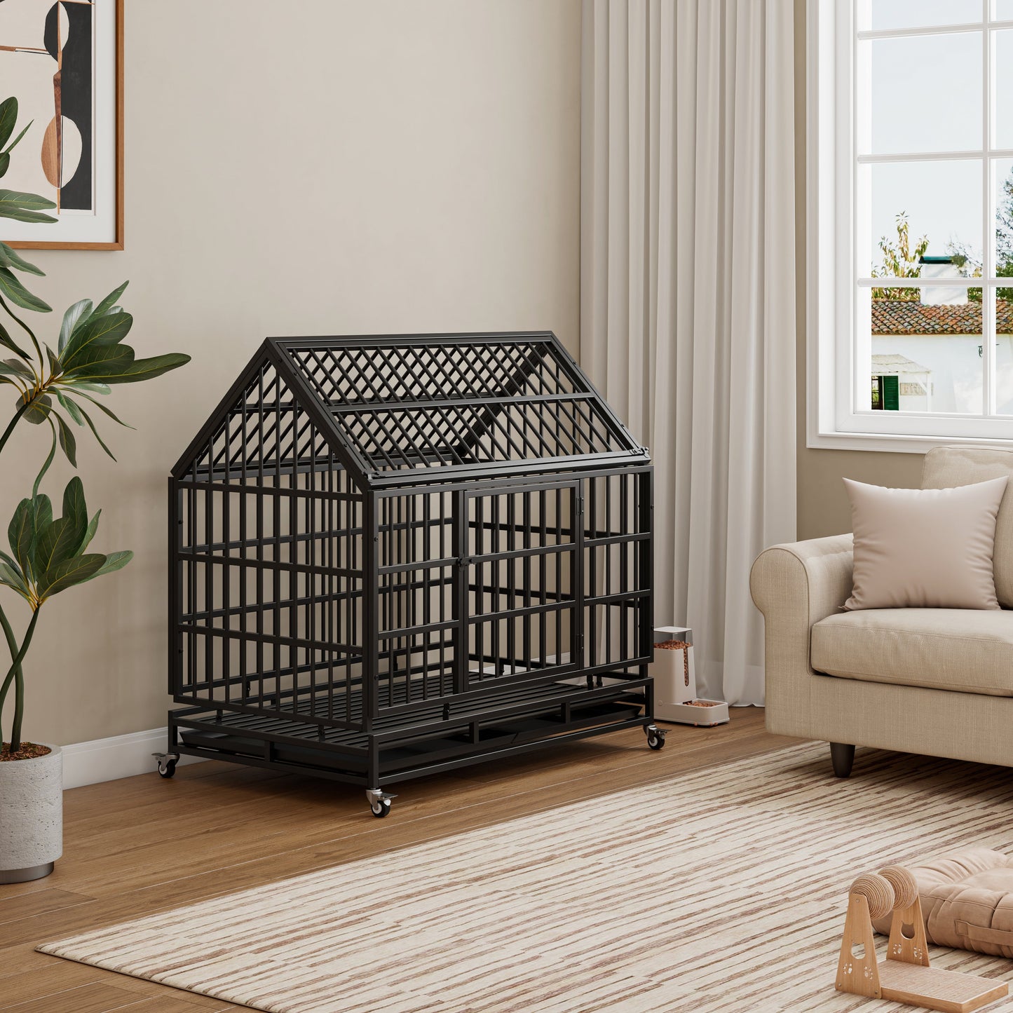 48 Inch Heavy Duty Dog Crate with Wheels, Folding Metal Big Dog Cage for Large and Medium Dogs, Cage with a pointed roof and Removable Tray.