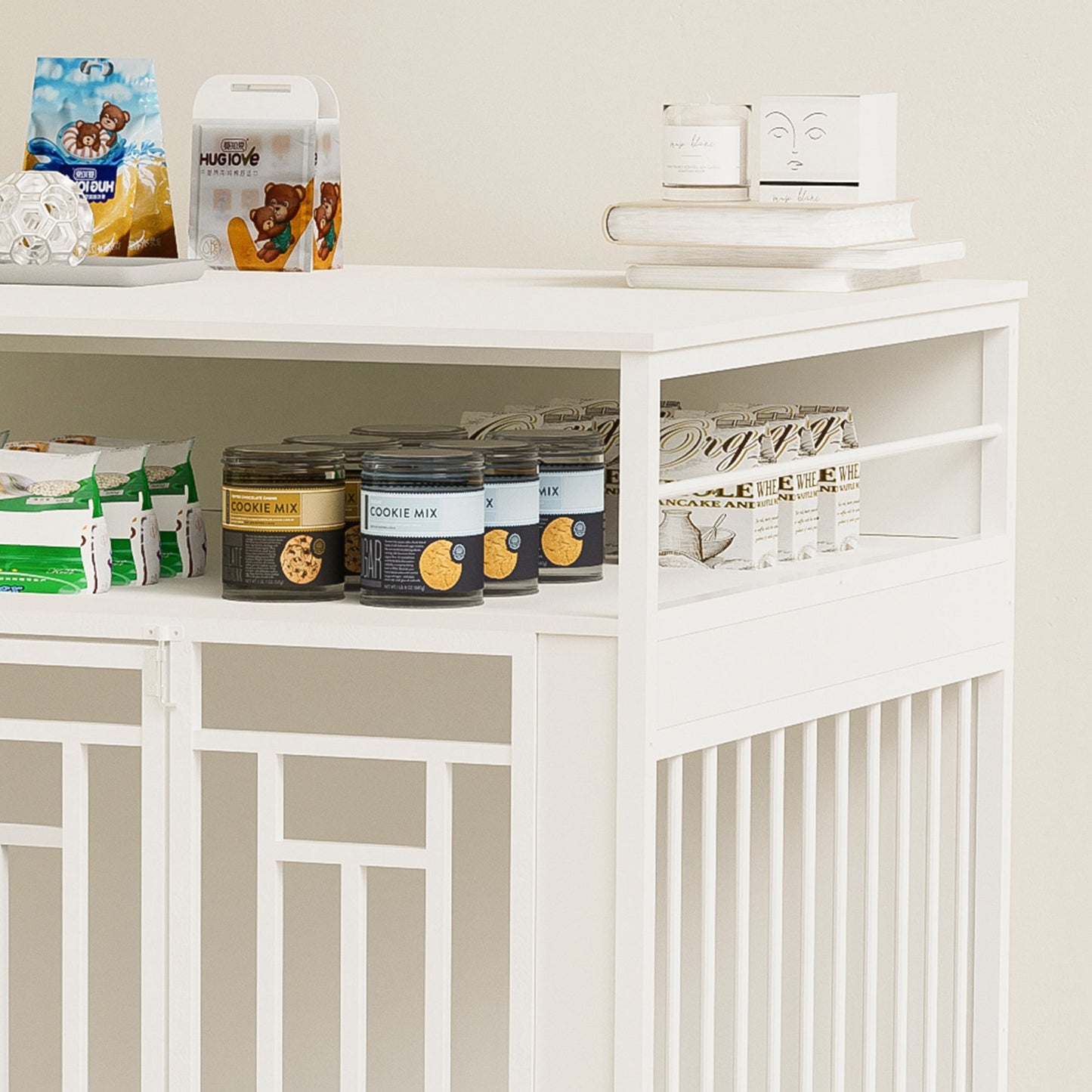43.3 Inch Wooden Dog Crate Furniture with Divider and Storage, White