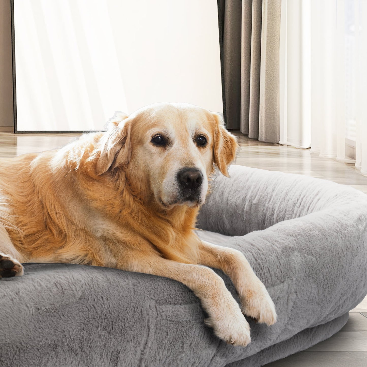 Human Dog Bed with Blanket,large dog bed 72'' x 48'' x 10'', Washable Fur Cover, Memory Foam, Grey