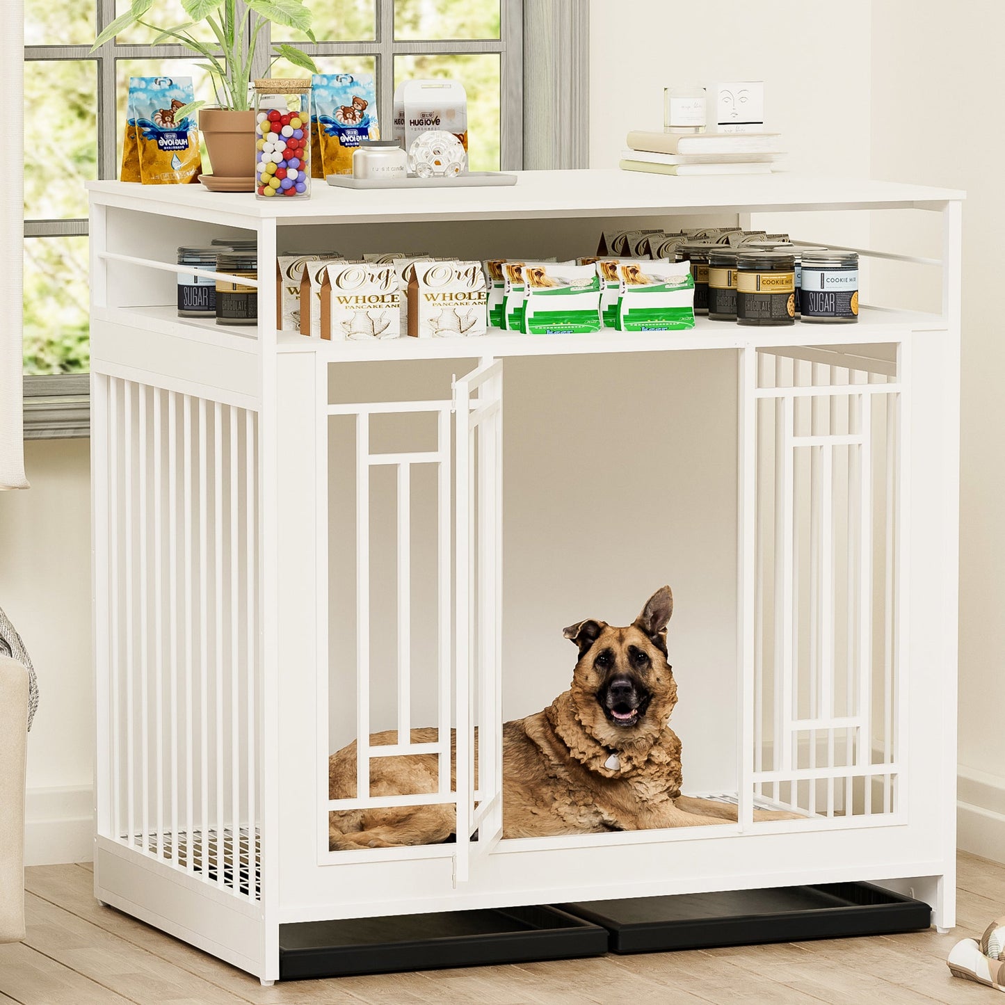 43.3 Inch Wooden Dog Crate Furniture with Divider and Storage, White