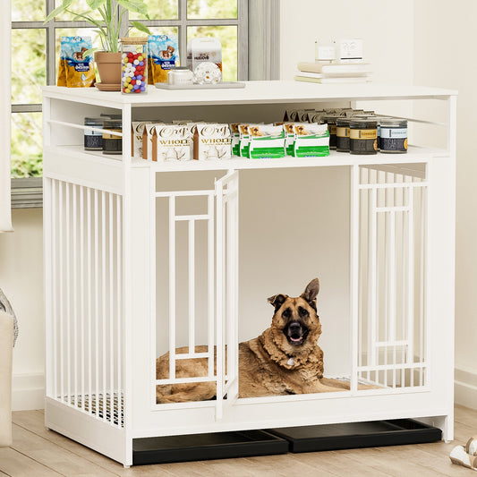 43.3 Inch Wooden Dog Crate Furniture with Divider and Storage, White