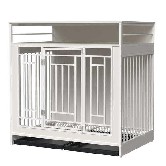 43.3 Inch Wooden Dog Crate Furniture with Divider and Storage, White