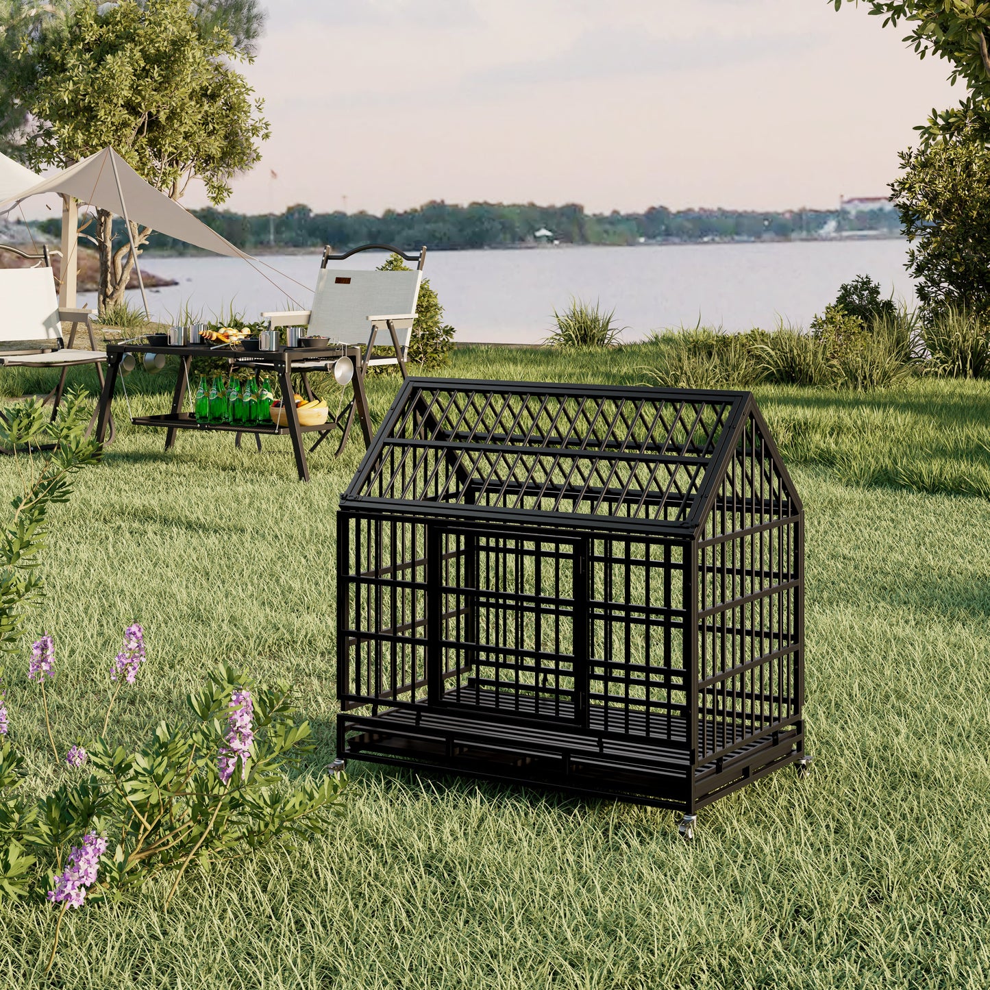 48 Inch Heavy Duty Dog Crate with Wheels, Folding Metal Big Dog Cage for Large and Medium Dogs, Cage with a pointed roof and Removable Tray.