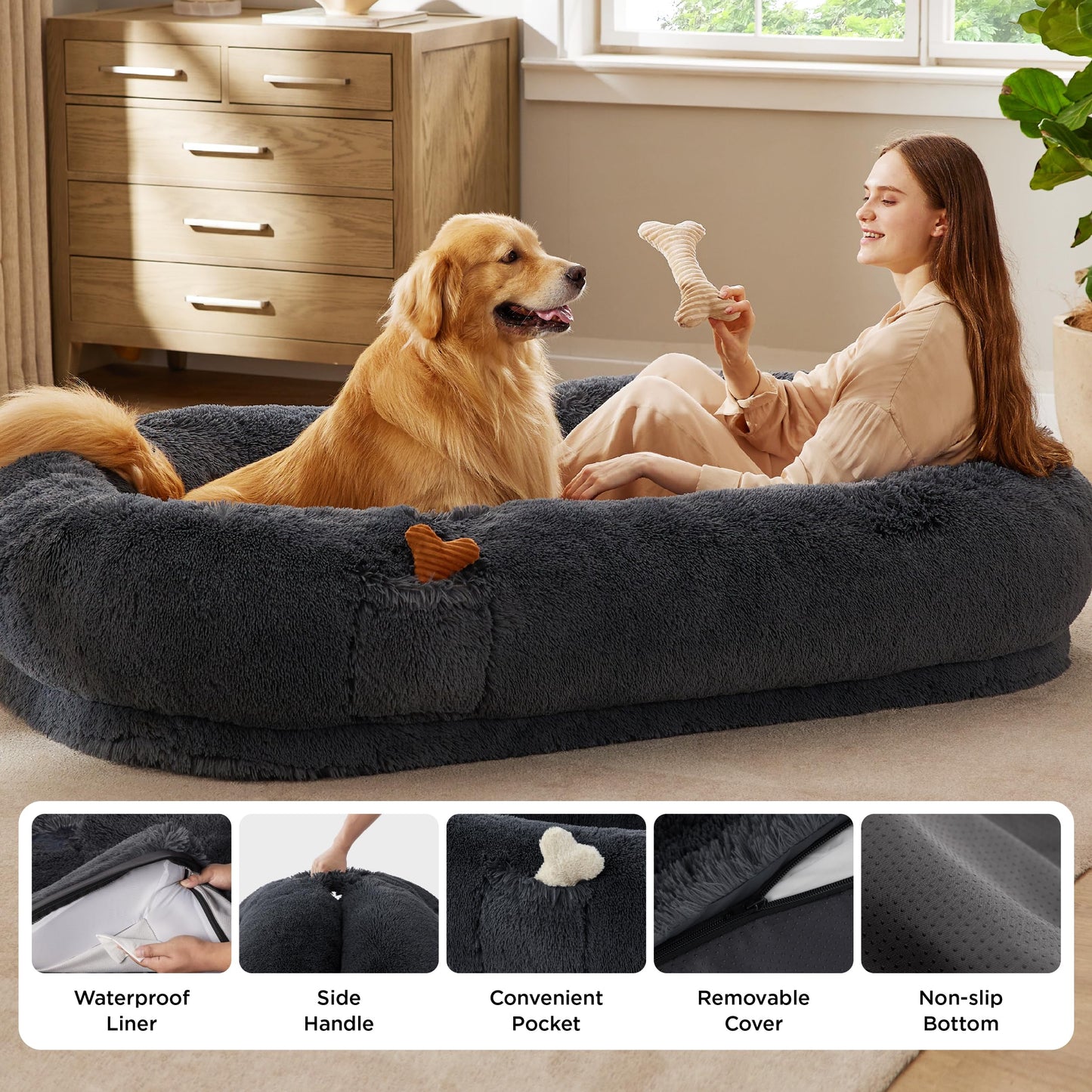 Bedsure Human Dog Bed, 71.0" x 44.0" x 12.0" Calming Giant Human Dog Bed for Adults People Fits Pet Families with Storage Pocket, Fluffy Faux Fur Orthopedic Pet Bean Bed, Dark Grey