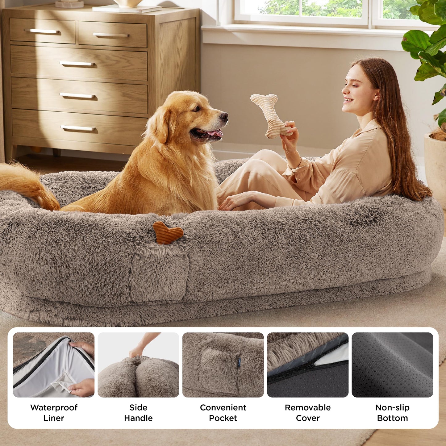 Bedsure Human Dog Bed, 71.0" x 44.0" x 12.0" Calming Giant Human Dog Bed for Adults People Fits Pet Families with Storage Pocket, Fluffy Faux Fur Orthopedic Pet Bean Bed, Dark Grey