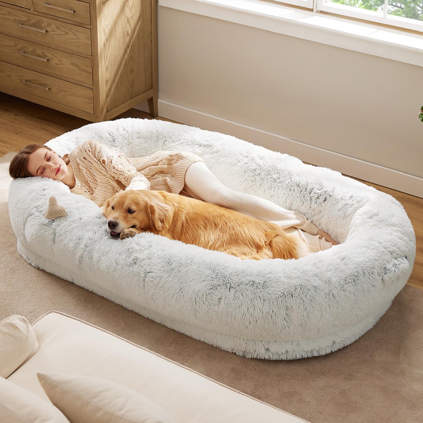 Bedsure Human Dog Bed, 71.0" x 44.0" x 12.0" Calming Giant Human Dog Bed for Adults People Fits Pet Families with Storage Pocket, Fluffy Faux Fur Orthopedic Pet Bean Bed, Dark Grey