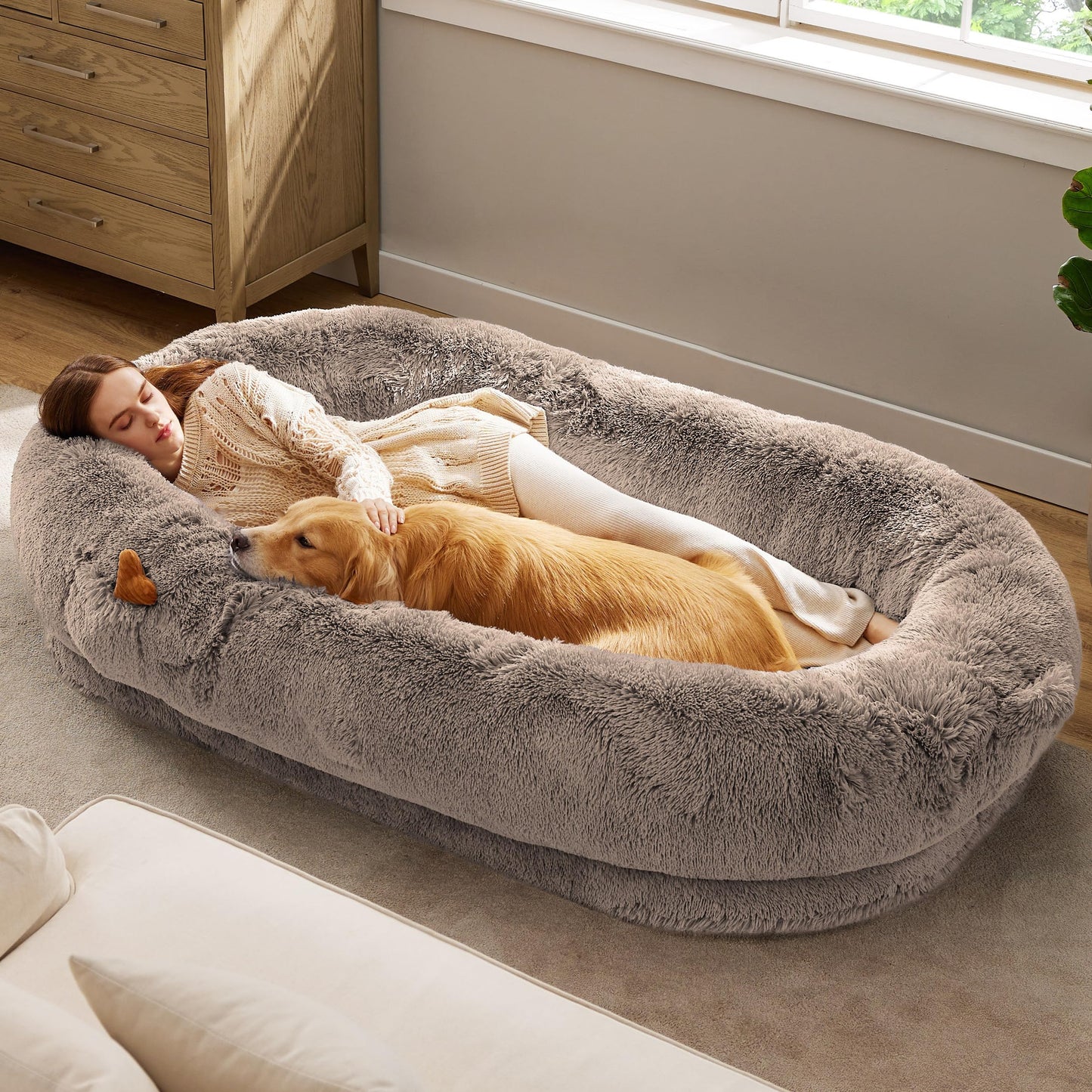 Bedsure Human Dog Bed, 71.0" x 44.0" x 12.0" Calming Giant Human Dog Bed for Adults People Fits Pet Families with Storage Pocket, Fluffy Faux Fur Orthopedic Pet Bean Bed, Dark Grey