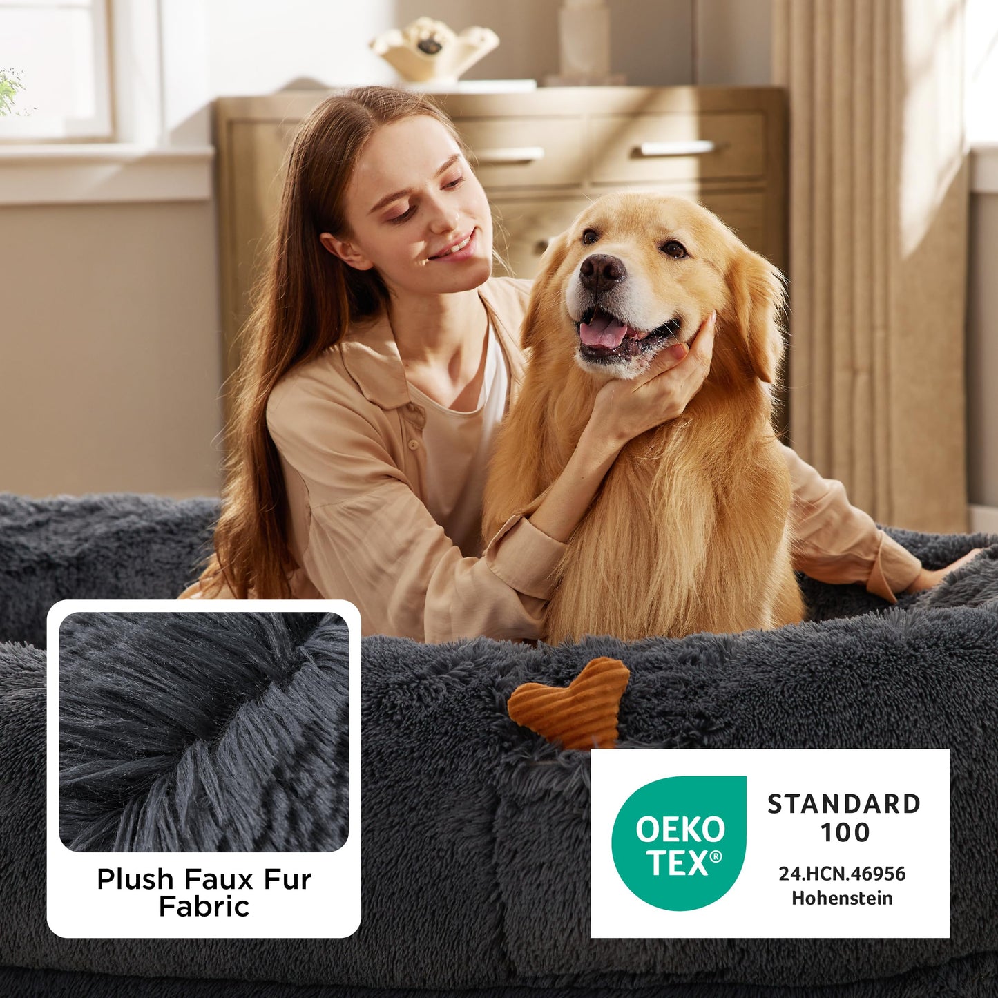 Bedsure Human Dog Bed, 71.0" x 44.0" x 12.0" Calming Giant Human Dog Bed for Adults People Fits Pet Families with Storage Pocket, Fluffy Faux Fur Orthopedic Pet Bean Bed, Dark Grey