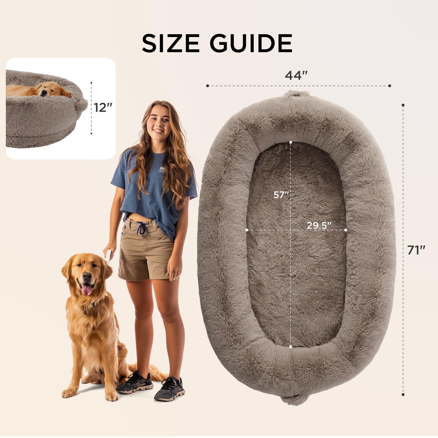 Bedsure Human Dog Bed, 71.0" x 44.0" x 12.0" Calming Giant Human Dog Bed for Adults People Fits Pet Families with Storage Pocket, Fluffy Faux Fur Orthopedic Pet Bean Bed, Dark Grey
