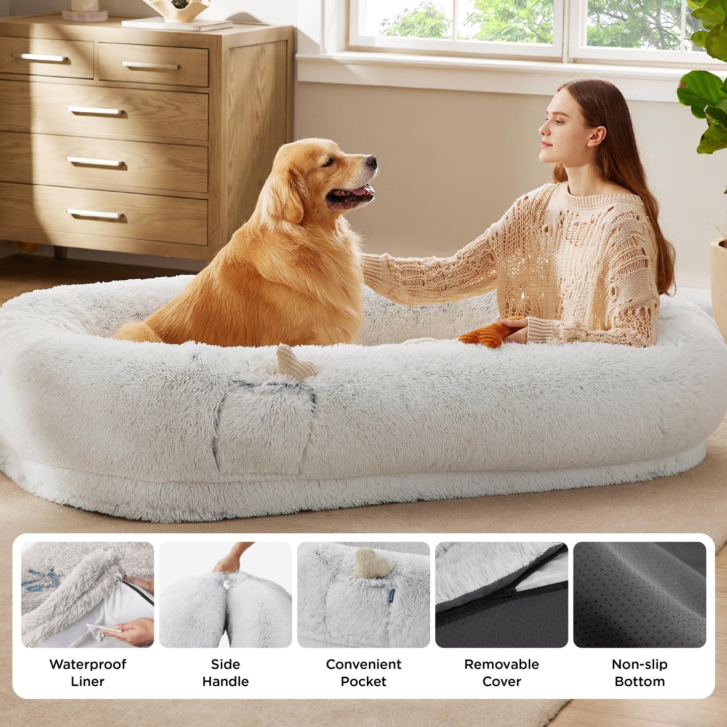 Bedsure Human Dog Bed, 71.0" x 44.0" x 12.0" Calming Giant Human Dog Bed for Adults People Fits Pet Families with Storage Pocket, Fluffy Faux Fur Orthopedic Pet Bean Bed, Dark Grey