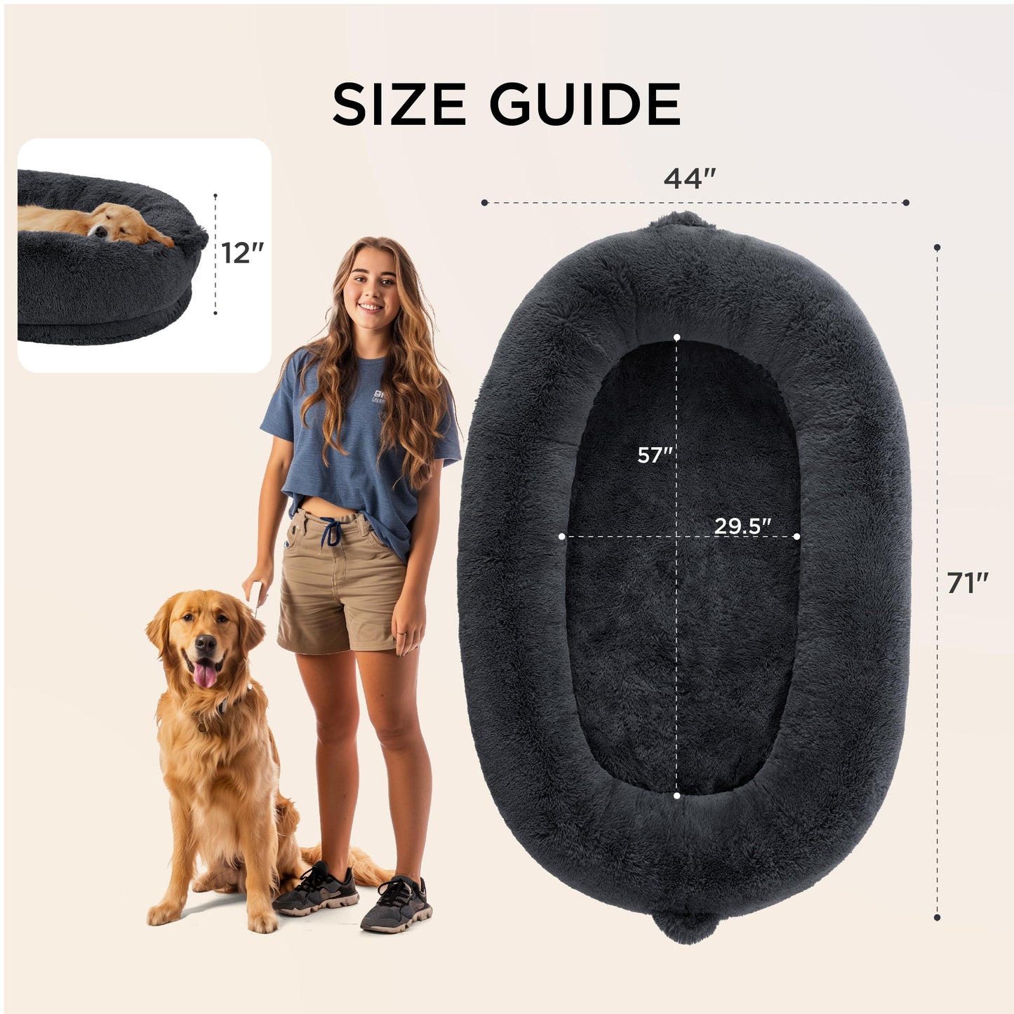 Bedsure Human Dog Bed, 71.0" x 44.0" x 12.0" Calming Giant Human Dog Bed for Adults People Fits Pet Families with Storage Pocket, Fluffy Faux Fur Orthopedic Pet Bean Bed, Dark Grey