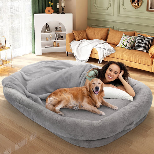 Human Dog Bed with Blanket,large dog bed 72'' x 48'' x 10'', Washable Fur Cover, Memory Foam, Grey