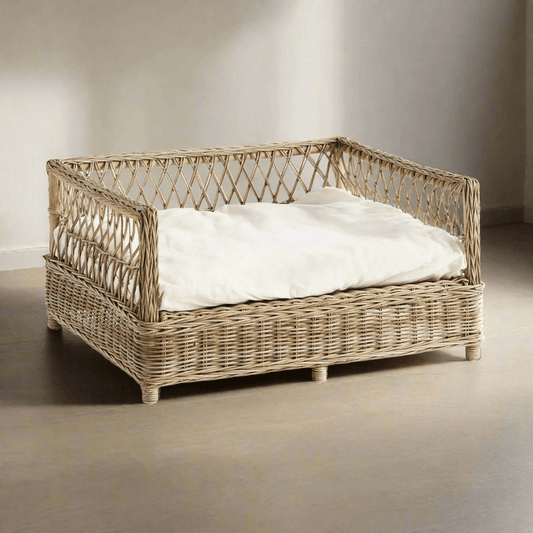 Large Vintage Woven Rattan Dog Bed with Cushion