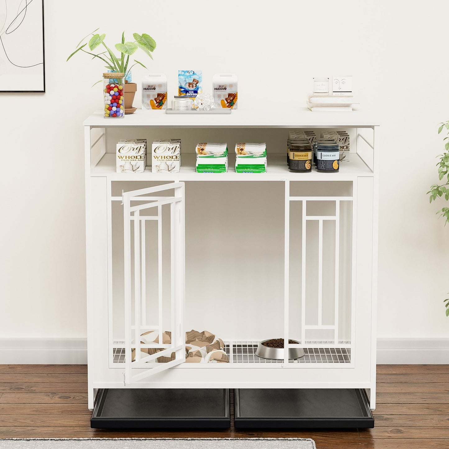 43.3 Inch Wooden Dog Crate Furniture with Divider and Storage, White