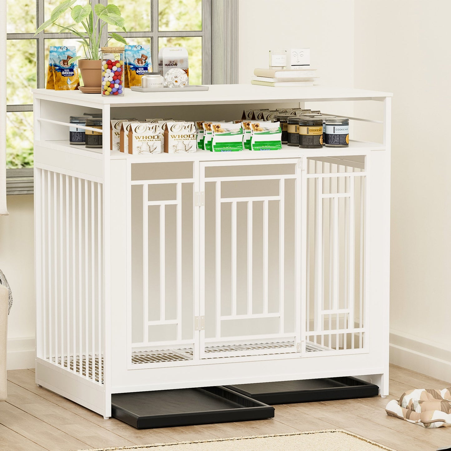 43.3 Inch Wooden Dog Crate Furniture with Divider and Storage, White