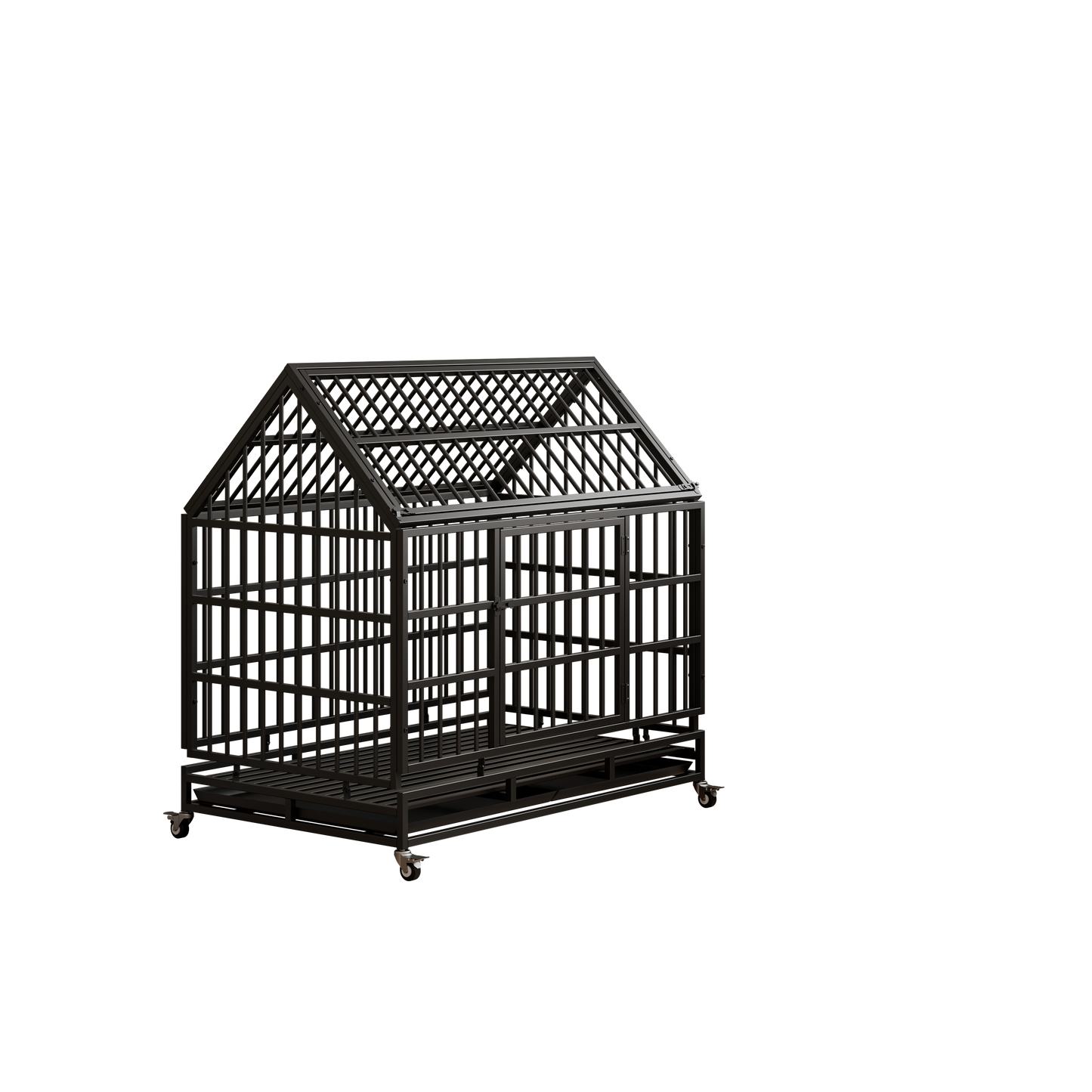 48 Inch Heavy Duty Dog Crate with Wheels, Folding Metal Big Dog Cage for Large and Medium Dogs, Cage with a pointed roof and Removable Tray.