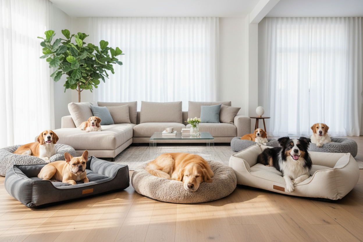 Lifestyle image with multiple dogs on beds